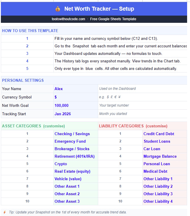 Setup tab of the free net worth tracker Google Sheets template showing name, currency, goal and customizable asset and liability categories