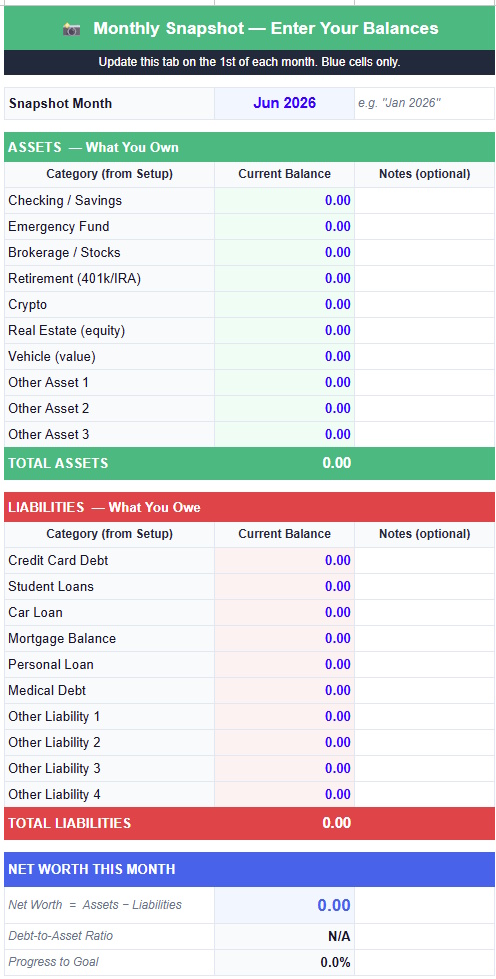 Snapshot tab of the free net worth tracker Google Sheets template showing asset and liability balances with auto-calculated net worth and the copy-to-history box